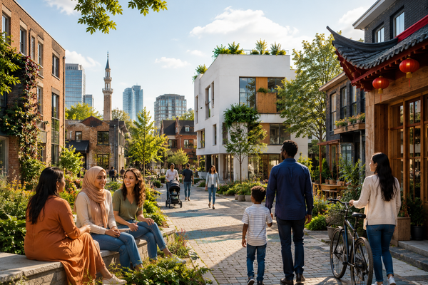Diverse mensen in een moderne multiculturele woonwijk met verschillende bouwstijlen, groene openbare ruimtes en stedelijke architectuur.