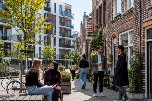 Mensen uit verschillende culturen in een moderne woonwijk met combinatie van traditionele bakstenen huizen en moderne appartementen.