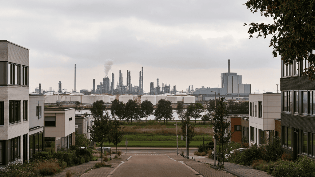 Groenstrook tussen een woonstraat en een industrieel havengebied