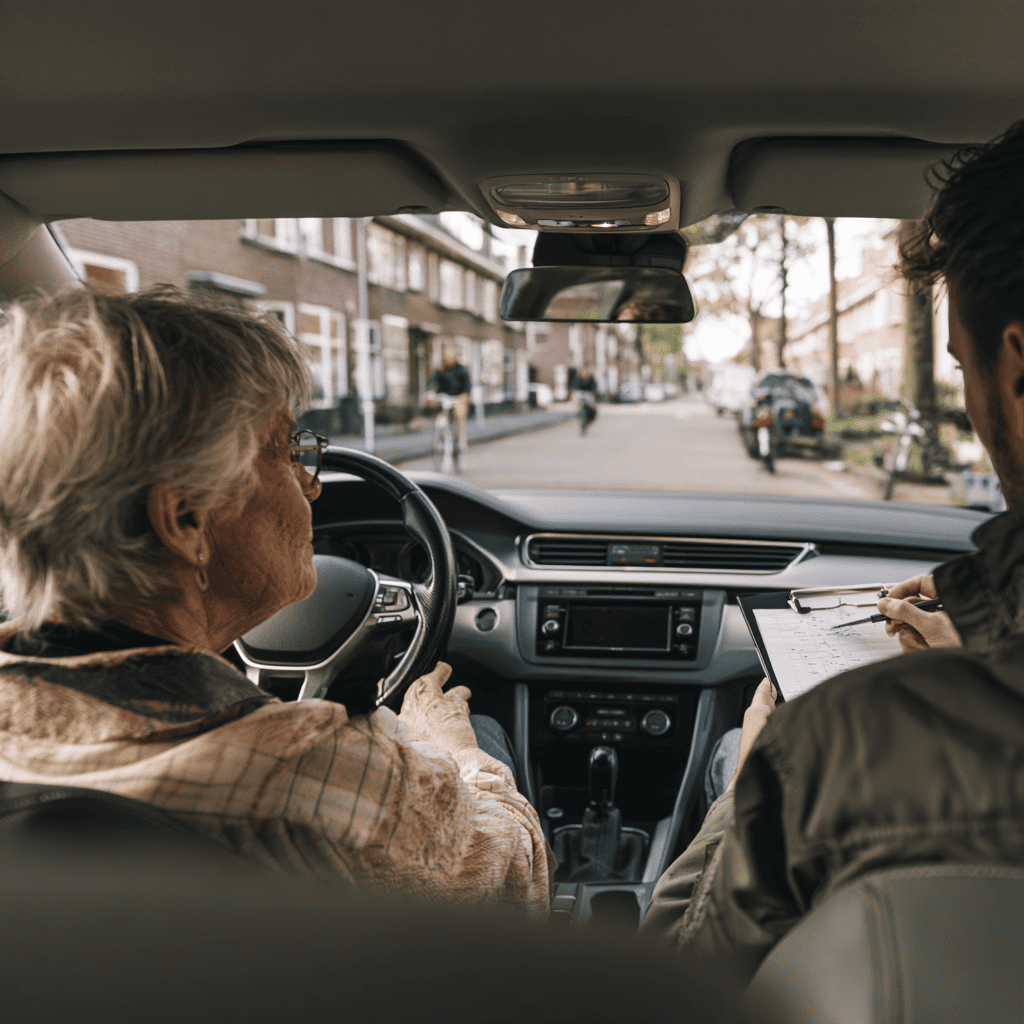 oudere vrouw tijdens een opfris rijles
