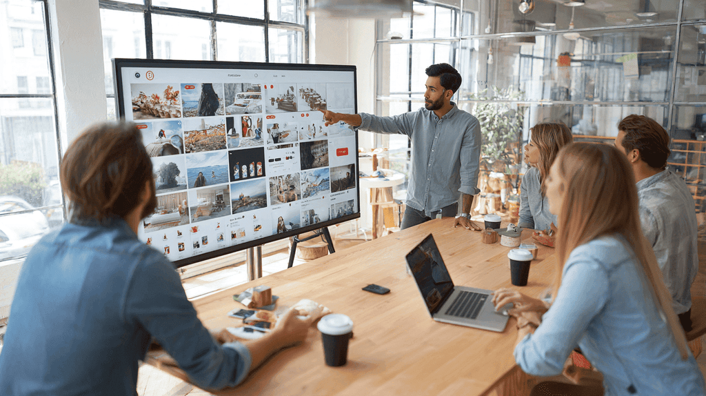 marketingteam bekijkt beeldmateriaal